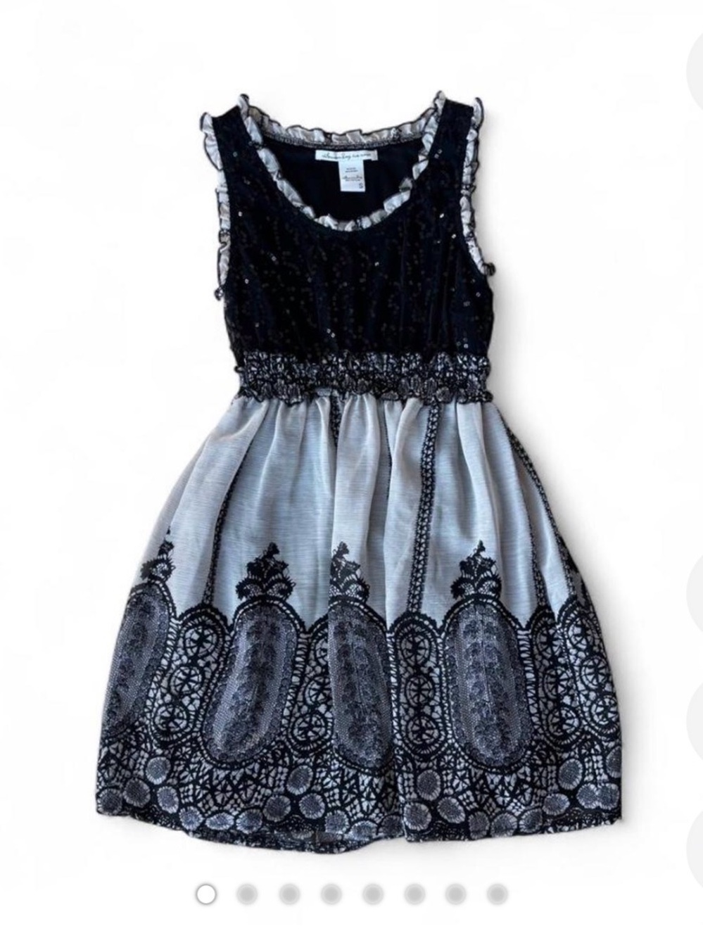 black and white babydoll dress with sequins and tribal print (American Rag Cie)